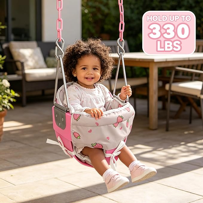 Take Me Away Pink Swing Seat - Heavy Duty High Back Full Bucket Toddler Swing Seat Chain Plastic Coated Baby Swing Outdoor - Playground Swing Set Accessories Replacement