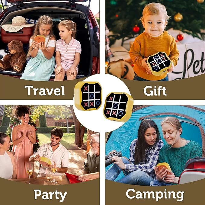 3-in-1 Electronic Tic Tac Toe Game, Handheld Travel Toy with Silent Mode, Fun for Kids and Adults, Yellow