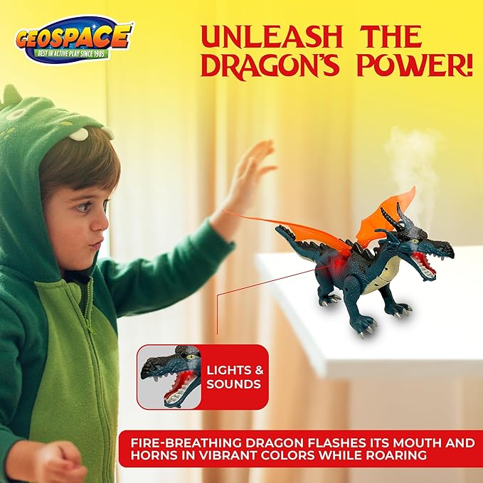 Geospace New Dragon Walking Dinosaur Toy – Smoke Breathing Fire Dragon Toy for Kids 3 & up, Walking Dinosaur Toys with Lights, Roaring Sound, Dragons Action Figure, Dragons for Gift (Blue)