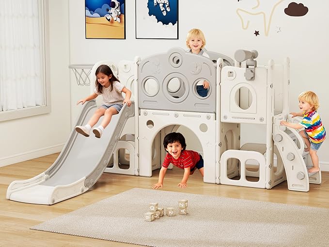 GITAWUSA 8 in 1 Toddler Slide, Outdoor Indoor Playset for Kids Baby Age 1 2 3, Childs Climber Slide with Storage Space and Non-Slip Steps, Basketball Hoopa and Telescope, Gray & White