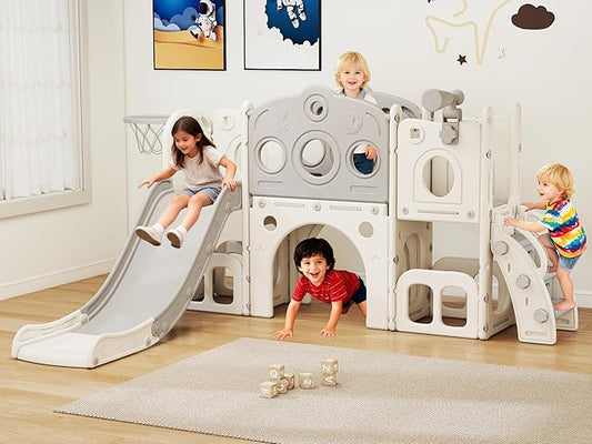 GITAWUSA 8 in 1 Toddler Slide, Outdoor Indoor Playset for Kids Baby Age 1 2 3, Childs Climber Slide with Storage Space and Non-Slip Steps, Basketball Hoopa and Telescope, Gray & White