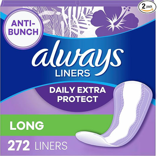 Always Panty Liners for Women Anti-Bunch Xtra Protection Daily Liners, Long, Unscented, 136 Count x 2 (272 Total)