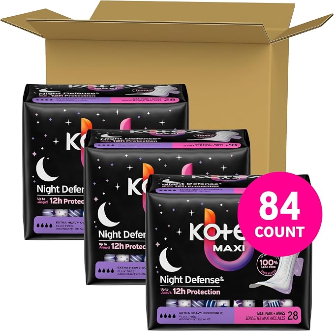 Kotex Overnight Maxi Pads with Wings, Extra Heavy Absorbency, 84 Count (3 Packs of 28)(Packaging May Vary)