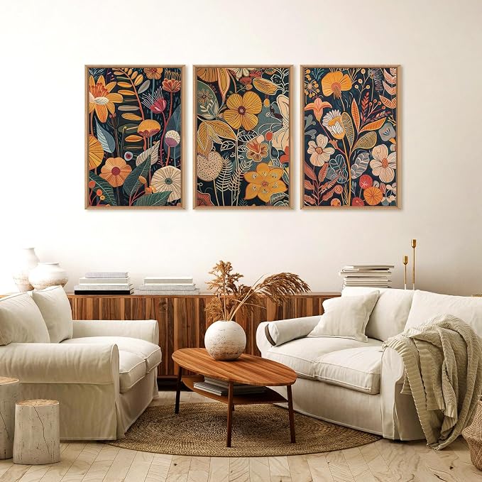 FWIEXA Boho Orange Floral Framed Wall Art Set of 3, Modern Botanical Canvas Wall Prints, Brunt Rust Pictures Wall Decor, 16x24 Inches Fall Plant Painting for Living Room, Bedroom, Office