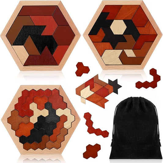 Yunsailing 3 Pack Hexagon Tangram Puzzle Wooden Brain Puzzles for Kid Adult Challenge Wood Russian Blocks Brain Teasers Toy Geometric Jigsaw Block Logic Iq Stem Toy for Family Party Gift(Vintage)