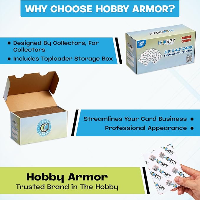100 Pack Trading Card Shipping Protector by Hobby Armor, 3.5" x 4.5" with Rounded Corners, Vibrant Multi-Color Card Protector to Guard Cards From Dings, Premium Lightweight Cardboard Shipping Supplies