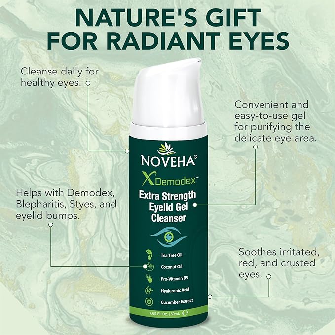 NOVEHA Demodex Extra Strength Eyelid Gel Cleanser - for Demodex, MGD and Dry Eye with Pro-Vitamin B5, Tea Tree Oil, and Hyaluronic Acid - Gentle Cleansing, Soothes Itchy Eyelid - 50mL (2 Pack)