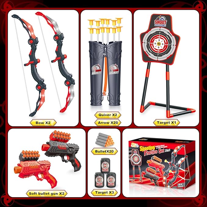 SpringFlower 2 Bow and Arrow Sets with LED Light-up,2 Foam Dart Guns for Kids 5 6 7 8 9 10+ Years Old, Archery Set with Standing Target for Boys & Girl, Ideal Gift