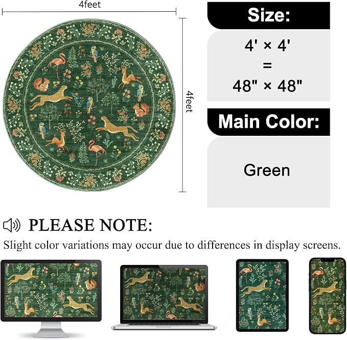 DUKINO 4ft Round Rug, Washable Animal Small Round Area Rug Non Slip, Green | Low Pile, Soft, Non-Shedding Indoor Circle Carpet for Bedroom, Entryway, Living Room, Farmhouse, Pet Friendly, Lightweight