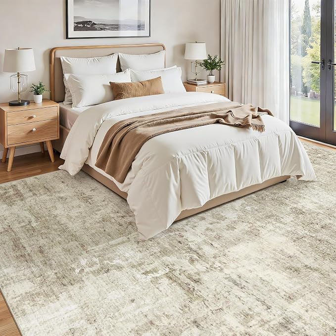 Soalmost Abstract Rug 8x12 Large Living Room Area Rugs Washable Beige/Gray | Modern Non-Slip Carpet for Dining Bedroom, Stain Resistant Foldable Thin Low Pile Floor Mat Under Table Home Office Decor