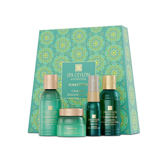 Spa Ceylon ForestVeda Calming Discovery Set - 4-Piece Ayurveda Bath & Body Gift Set with Plant Botanicals, Eucalyptus, Cedarwood & Moringa - Body Cleanser, Body Elixir, Body Cream & Pillow Mist