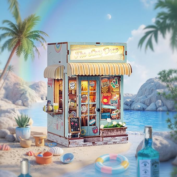Foyucool DIY Book Nook Kit, Miniature Dollhouse Bookshelf Insert with Light, Laser-Cut Wooden Craft Set for Adults, Perfect for Teens and Adults, Beach Bar
