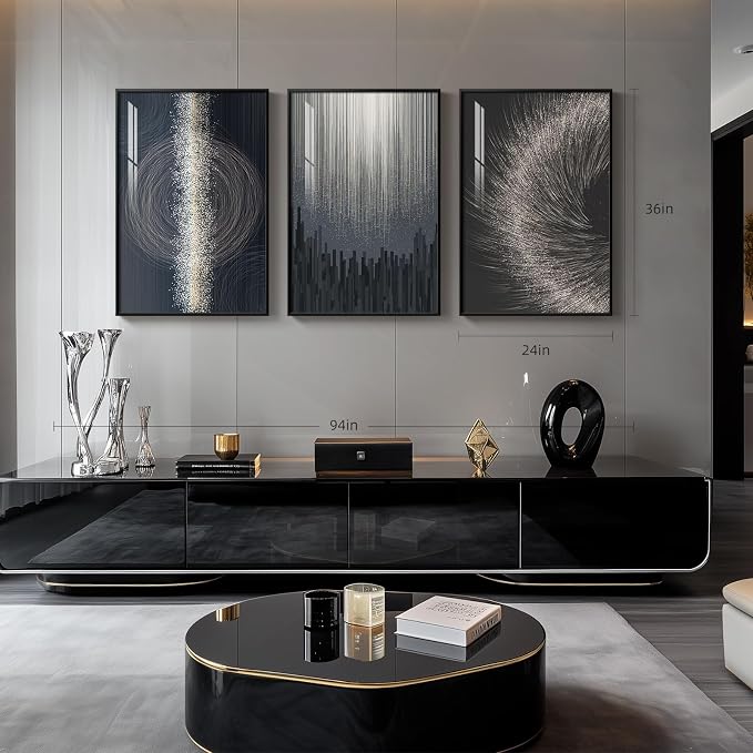 Large Framed Black Silver Modern Abstract Wall Art for Living Room, 3 Piece Elegant Luxury Art Prints Paintings Artwork for Walls, Glitter Pictures for Entryway Dining Room Bedroom Wall Decor 24x36 In
