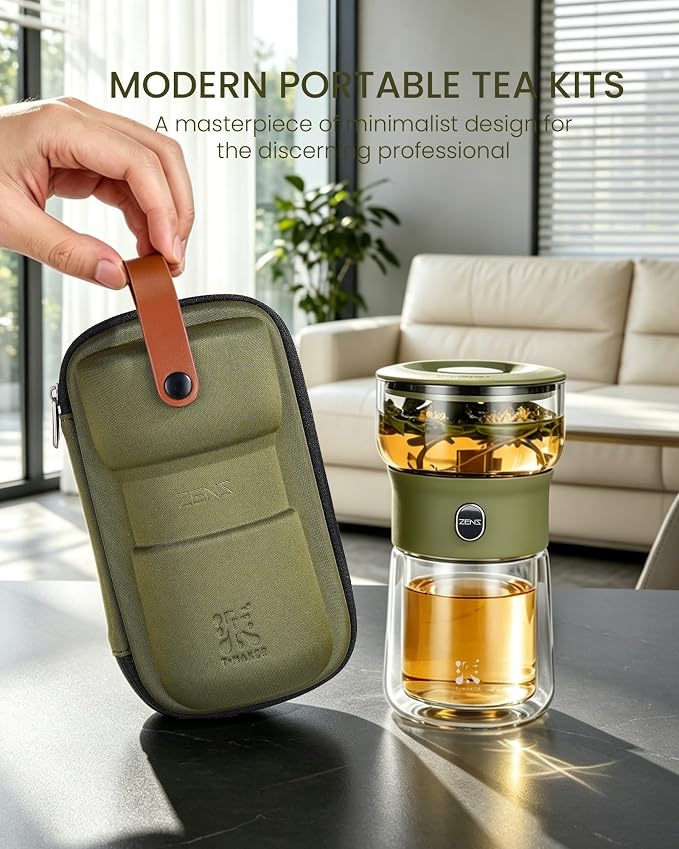 ZENS Modern Glass infuser Teapot, Small One Touch Tea Maker for Loose Tea Diffusers with 200ml Insulated Cup and Army Green Portable Carry Case, Magic Gongfu Tea Pot for Tea Lovers Gifts