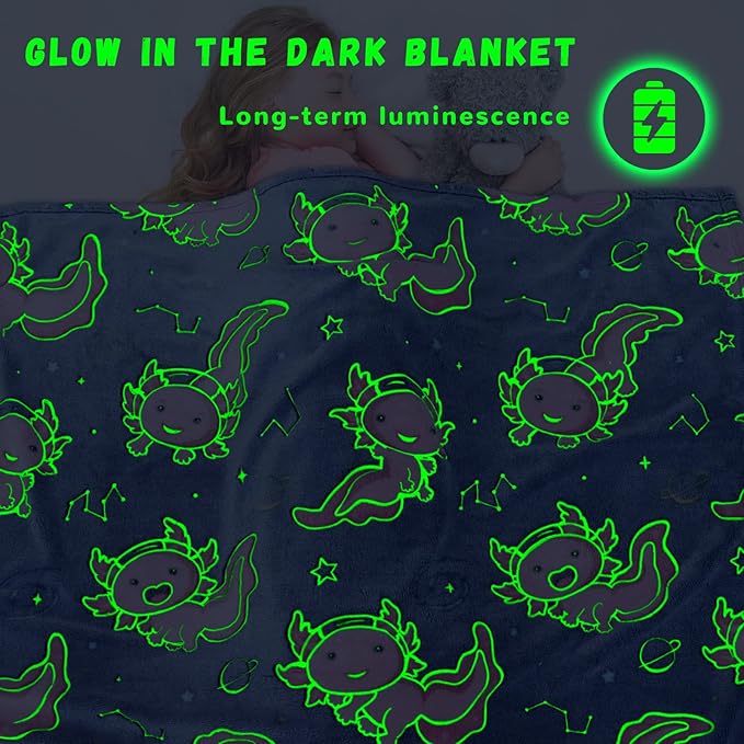 Axolotl Blanket Glow in The Dark for Girls, Axolotl Gifts Toys for Kids Teens Girls, Soft Cozy Plush Fleece Throw Blankets for Couch Bed Travel, Graduation Room Decor, Birthday Gifts 50x60inch