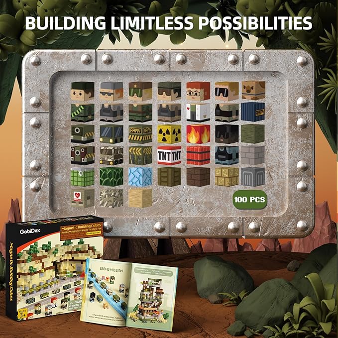 GobiDex 100PCS Magnetic Blocks Army Toys for Boys Girls, Build MagWonder for Army Men, STEM Building Toys for Kids Ages 3+, Military Game-Based Toddlers Birthday Gifts (1inch)