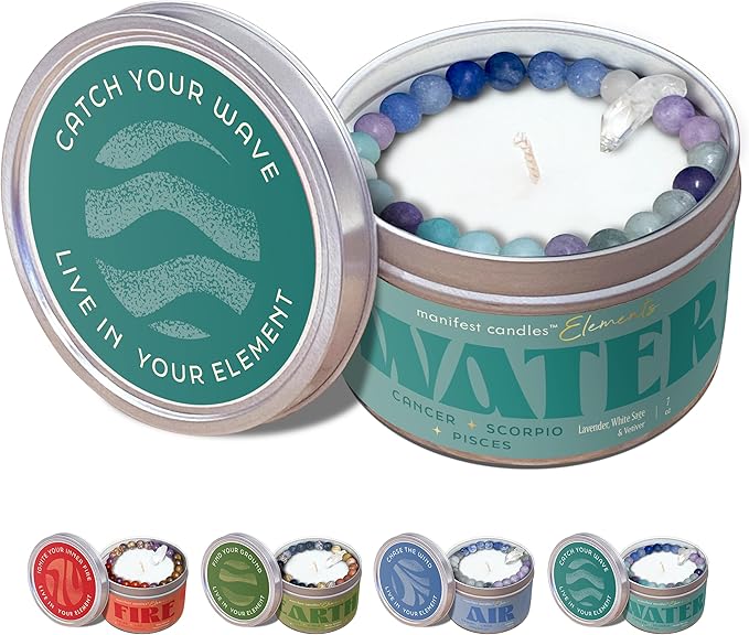 Zodiac Water Pisces Cancer Scorpio Gifts for Women, 45 Hour Burn, Zodiac Astrology Gifts Meditation Candle Healing with Crystals, Spiritual Manifestation Crystal Candle Healing Stones Bracelet