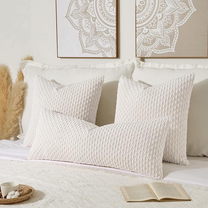Kevin Textile Soft Corduroy 14"x36" Lumbar Pillow Cover 1 Pack, Pure White | Boho Stripe Plush Corduroy Decorative Oblong Cushion Cover Modern Farmhouse Home Decor for Sofa Couch Bed Chair