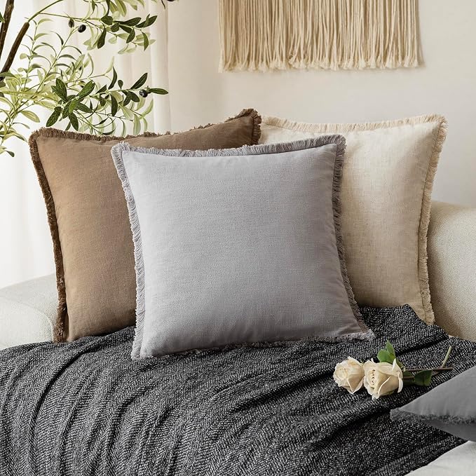 Foindtower Set of 2 Decorative Linen Fringe Throw Pillow Covers Cozy Farmhouse Cushion Cover with Tassels Accent Pillowcase for Couch Chair Sofa Bed Living Room Home Decor,16×16 Inch,Light Rustic Gray