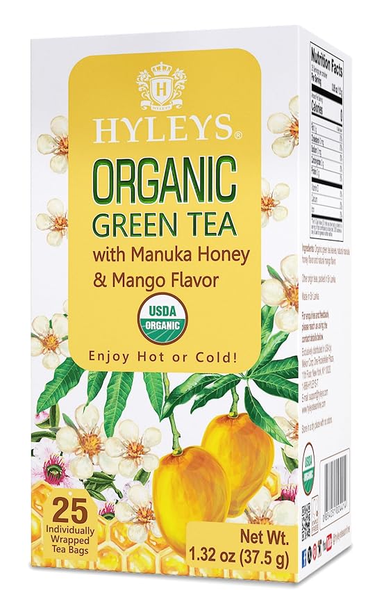 HYLEYS Organic Green Tea, Manuka Honey and Mango Flavor - 25 Individually Wrapped Tea Bags - USDA Organic - Kosher & Vegan