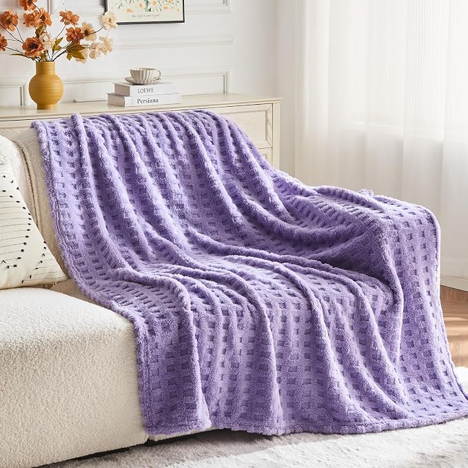 NEWCOSPLAY 3D Waffle Checkered Flannel Queen Blanket, Lavender, 90"x90" | Super Soft Cute Lightweight Decorative Premium Silky Fleece Blanket for Couch Sofa Bed, Gift for Women Men, All Season Use