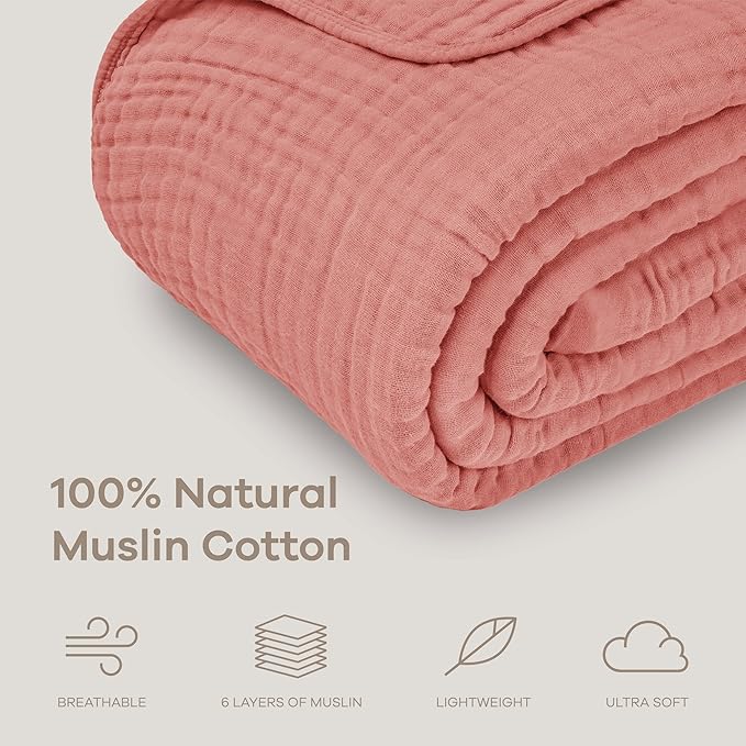 Comfy Cubs Adult Muslin Blanket 90x90” Queen Swaddle Blankets, Dusty Rose | 6 Layer Soft, Breathable & Lightweight Muslin Adult Blanket - Machine Washable & Designed in the US Bedding for All Seasons