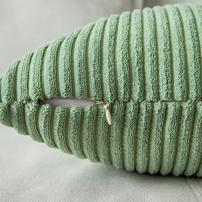 MIULEE Lumbar Corduroy Throw Pillow Covers Set of 2 12x20 Sage Green | Decorative Soft Striped Textured Cushion Cases, Boho Pillowcases for Home Decor, for Couch Chair Sofa Bed Living Room