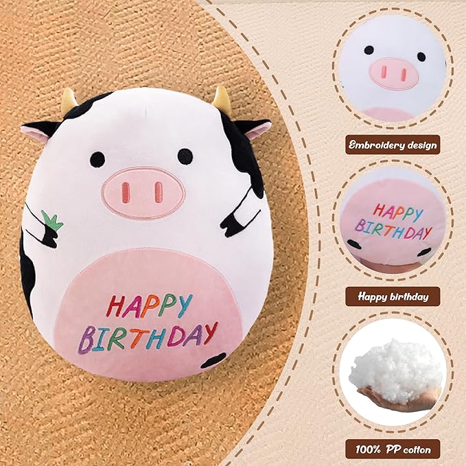 14.5" Birthday Cow Plush Pillow Black Cow Stuffed Animal Cute Soft Body Pillow Hugging Doll Toy Home Happy Birthday Decoration Gifts for Kids Girls and Boys