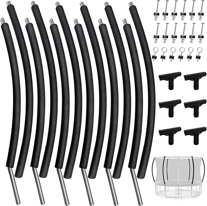 6 PCS Trampoline Curved Pole Replacement, Universal Curved Enclosure Net Poles for 8-16ft Frame, with Plastic T Connector, Mounting Hardware, Foam Cover Padding