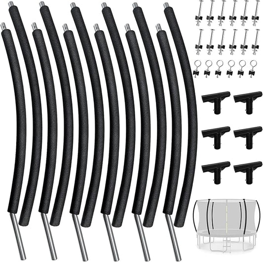6 PCS Trampoline Curved Pole Replacement, Universal Curved Enclosure Net Poles for 8-16ft Frame, with Plastic T Connector, Mounting Hardware, Foam Cover Padding