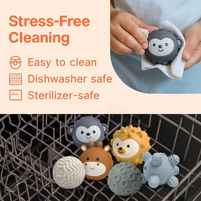 6-Pack Baby Sensory Balls, Textured & Animal Face Toddler Balls, BPA-Free Soft Teething Toys, Montessori Developmental Toys for Babies 6-12 Months, for Infant