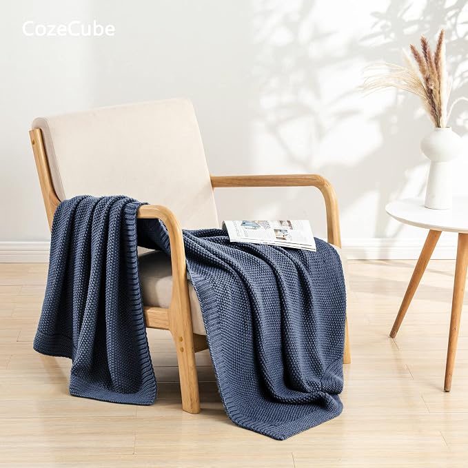 CozeCube Dusty Blue Seed Stitch Throw Blanket 50"x60", Farmhouse Decor | Blanket for Couch, Soft Cozy Cable Knit Throw for Bed Sofa Living Room, Lightweight Warm Decorative Christmas Blanket