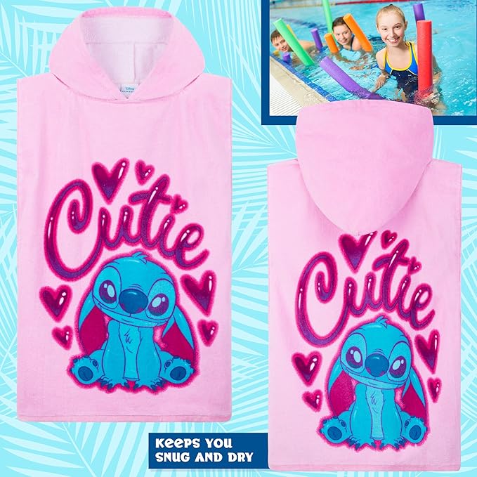 Disney Stitch Bath Towel with Hood for Kids Teenagers Absorbent Cozy Poncho Hooded Beach Towel Wrap for Beach Pool Swimming Bath Vacation Essentials (Pink Stitch, 10-13 Years)