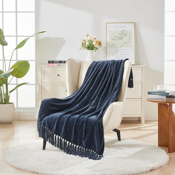 CozeCube Chenille Throw Blanket, Navy Blue Fringe Blanket, 60"X80" | For Couch, Cozy Plush Fuzzy Decorative Blanket with Fringe Tassels, Lightweight Throws for Bed Sofa Gift Home Decor