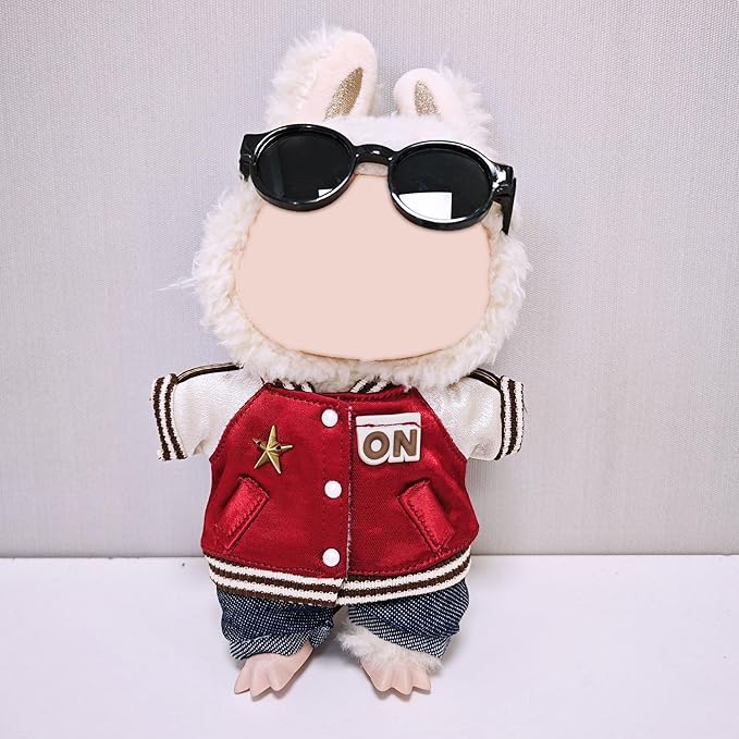 Doll Outfit Set for 17cm Dolls, 4 Piece Clothes Set for Labubu, Premium Fashion Clothes for Labubu Dolls Accessories Suit,Baseball Jacket+Jeans+Canvas Shoes+Glasses