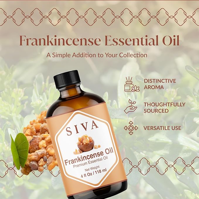 Siva Frankincense Essential Oil 4 Fl Oz – for Diffuser, Skin & Hair Care – Ideal for Massage & DIY Blends - with Dropper