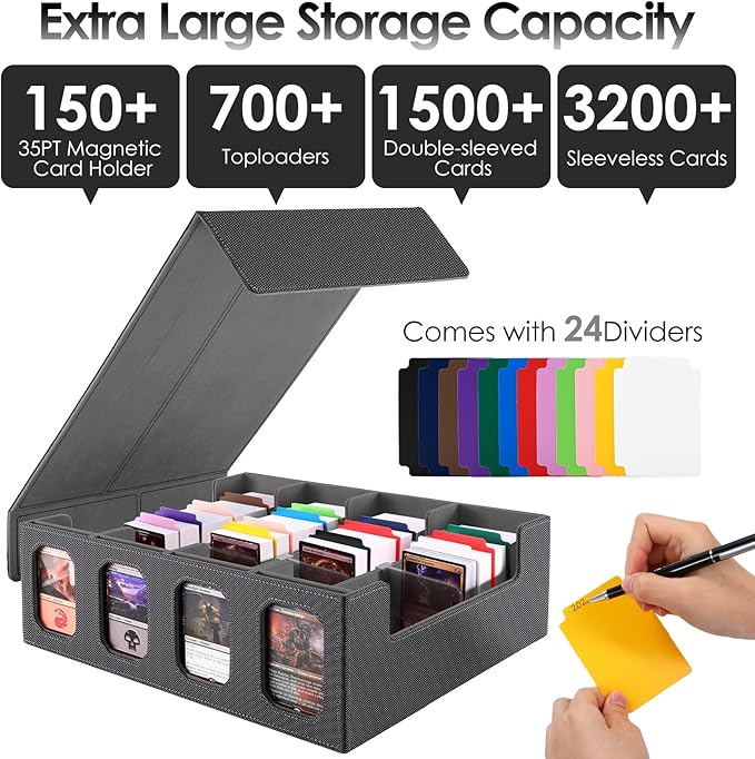 Trading Card Storage Box with Commander Display, 4-Row Deck Case with Removable Lid, 3200+ MTG Deck Box with 24 Colorful Divider, 4 Magnetic Card Holders, 4 Stoppers, Dice Tray(Black Grey)