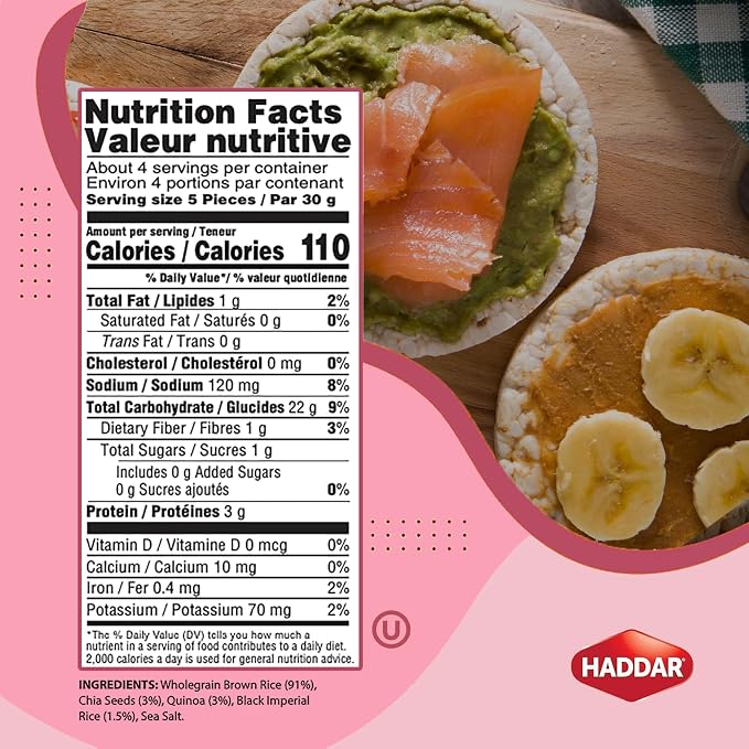 Haddar Multigrain Chia Seeds & Quinoa Rice Cakes, 4.2oz (3 Pack) | All Natural, Gluten Free, Vegan, Non GMO, Low Fat, Low Calorie, Zero Sugar