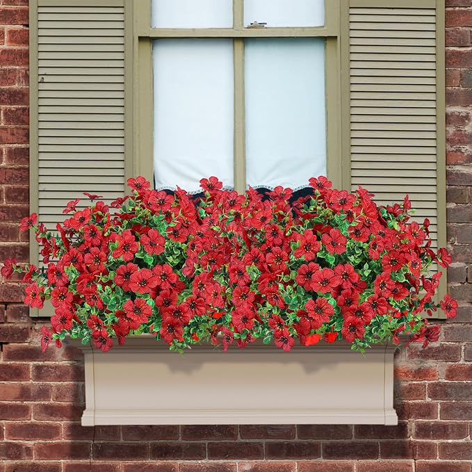 Ouddy Decor 12 Pcs Artificial Flowers for Outdoors Decorations, Red | Lifelike silk flowers, UV resistant, faux plastic plants, for garden porch window table vase home indoor outdoor decor