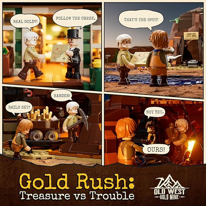 FUNWHOLE Wild West Gold Mine Lighting Building-Bricks Set - Western Prospector’s Dig Entrance 658 Pcs Mining Playset for Adults and West Lovers