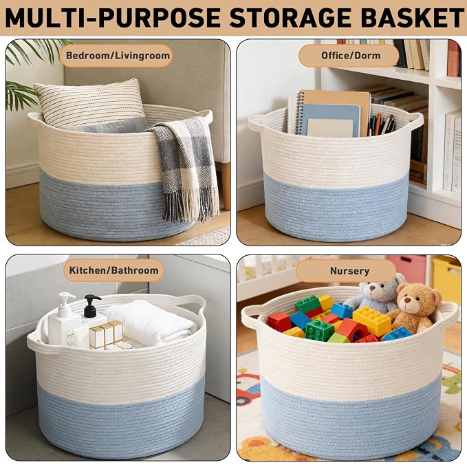 65L Extra Large Woven Blanket Basket, Laundry Basket-White&Blue | Collapsible, reinforced handles, nursery storage bin organizes clothes, toys and pillows for living room, bedroom bathroom