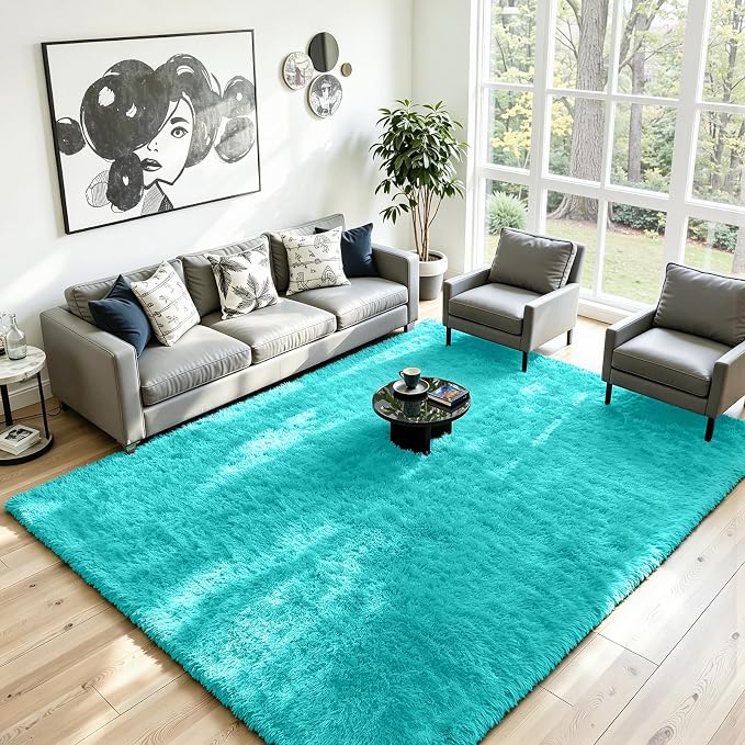 8x10 Area Rug for Living Room, Ultra Soft Fluffy Turquoise Rugs for Bedroom, Non Slip Large Shag Carpet, Fuzzy Plush Nursery Rug, Thick Washable Indoor Floor Carpets for Kids Office Dorm Home Decor