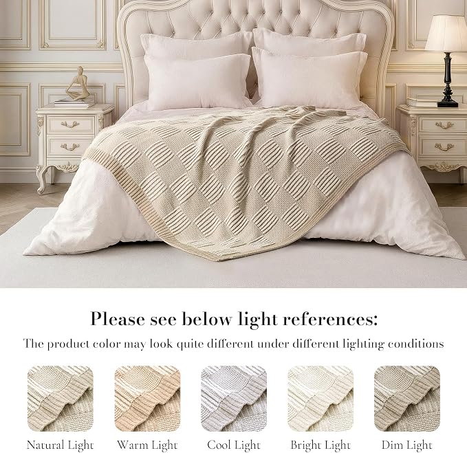 Knit Throw Blanket, Soft Chenille Cozy Breathable Dual Tone Checkered Chunky Decorative Blanket for Couch, Bed & Sofa, French Lightweight Warm Gift for Women, Beige, 60"x80"