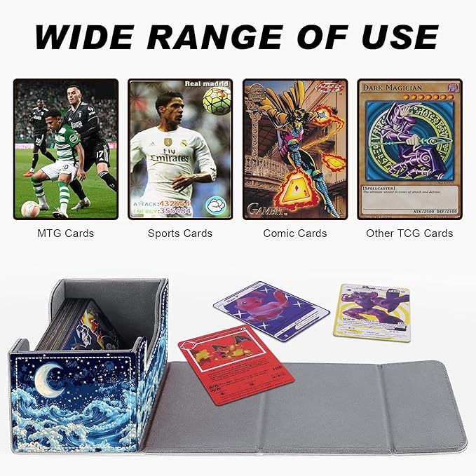 Card Game Storage Box TCG Deck Box MTG Card Box Organizer Trading Card Case Commander Deck Box TCG Card Storage Box Magnetic Closure Creative Pattern Up to 200 Cards, Blue Sky,Sea,Moon