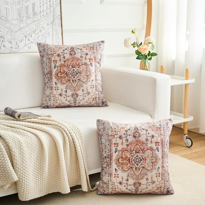 Boho Throw Pillow Covers 20x20 inch Set of 2,Boho Vintage Carpet Pattern Antique Ethnic Decor Double Sided Pattern Cushion Cover Soft Pillow Case Living Sofa Room Bed Square Pillow Cover
