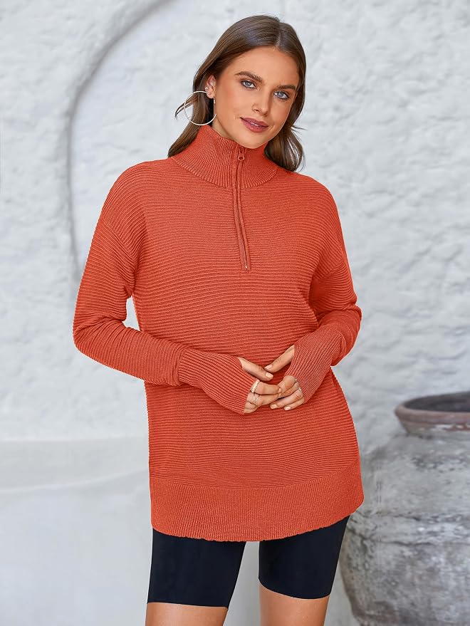 PRETTYGARDEN Womens Long Sleeve Quarter Zip Pullover Sweater Casual Loose V Neck Collared Ribbed Knit Jumper Tops Thumb Hole