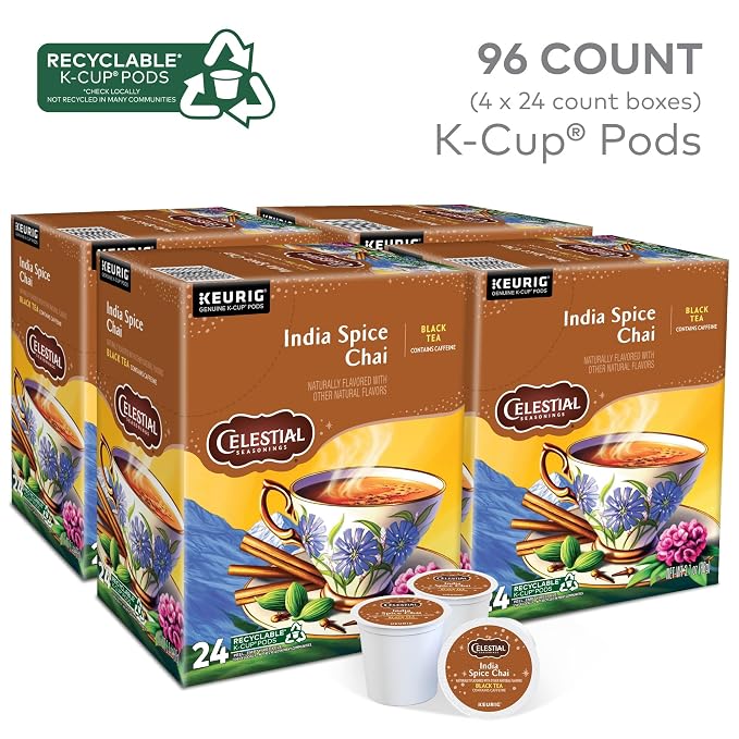 Celestial Seasonings India Spice Chai Black Tea, Single-Serve Keurig K-Cup Pods, 96 Count