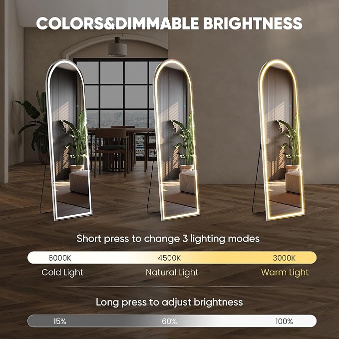 OLIXIS 16"x 60" Arched Full Length Mirror with Lights, LED Body Mirror | with 3 Color Lighting, Wall Mounted Mirrors for Bedroom, Home, Entryway with Tempered Glass