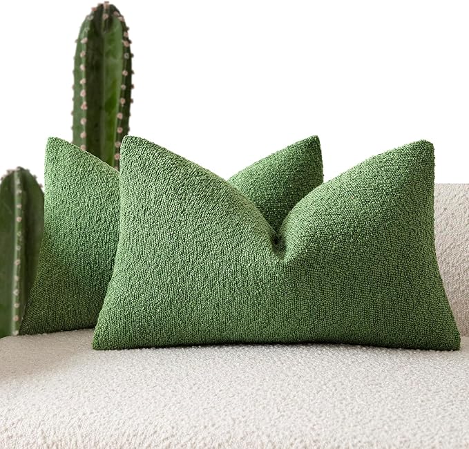 Foindtower Pack of 2 Textured Boucle Throw Pillow Covers Accent Solid Decorative Lumbar Pillow Cases Cozy Couch Cushion Case for Chair Sofa Bedroom Living Room Home Decor 12x20 Inch Forest Green