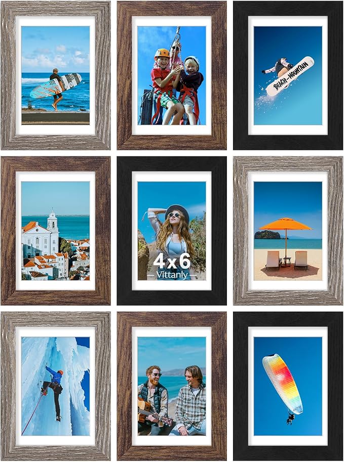 Vittanly 4x6 Picture Frames Set of 9, Black&Brown&Dark Grey | Display Pictures 3.5x5 with Mat or 4x6 without Mat, Small Photo Frames, Engineered Wood with Shatter Resistant Plexiglass